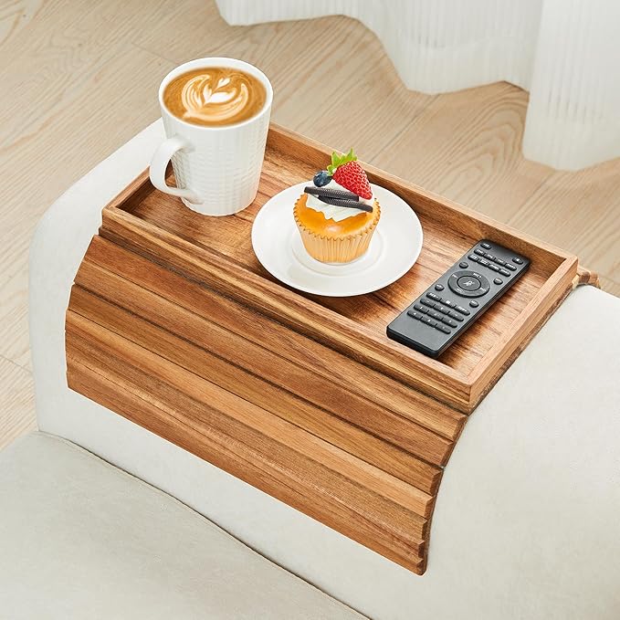 GEHE Acacia Wood Sofa Arm Tray, Foldable Couch Arm Tray Side Table,