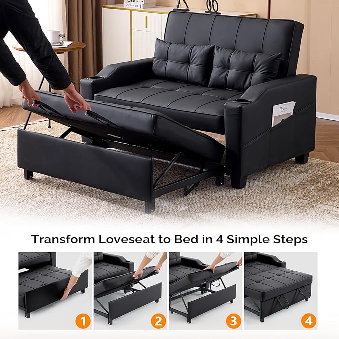 VINGLI Black Futon Sofa Bed Convertible Loveseat Sleeper Couch, Faux Leather