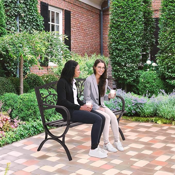 FDW Outdoor 50 Inches Garden Bench, Slatted Seat Armrests Floral Design Backres