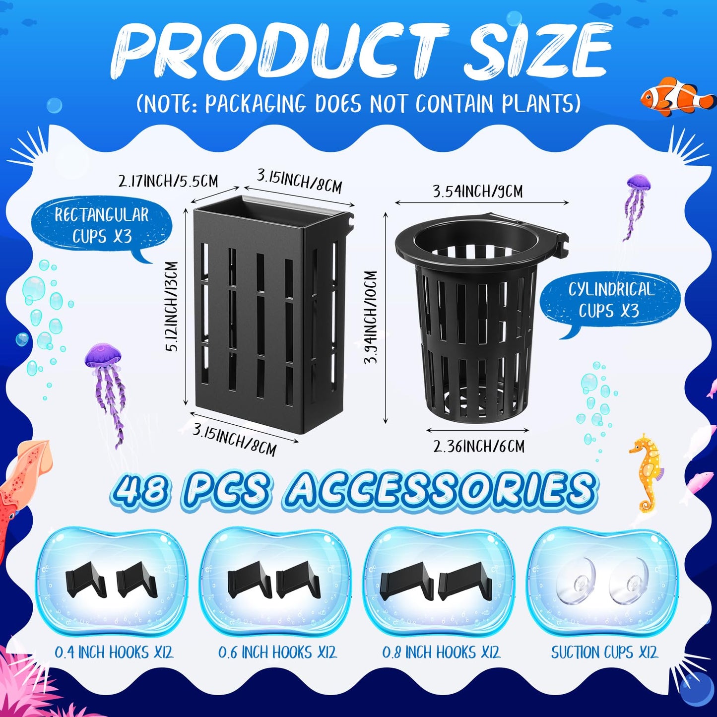 Chunful 6 Set Upgraded Large Aquarium Plant Holder Contain 6 Hanging Aquatic Pot with 36 Hooks and 12 Aquatic Planter Suction Cups for Fish Tank Aquarium Cultivation and Aquascape Decorations