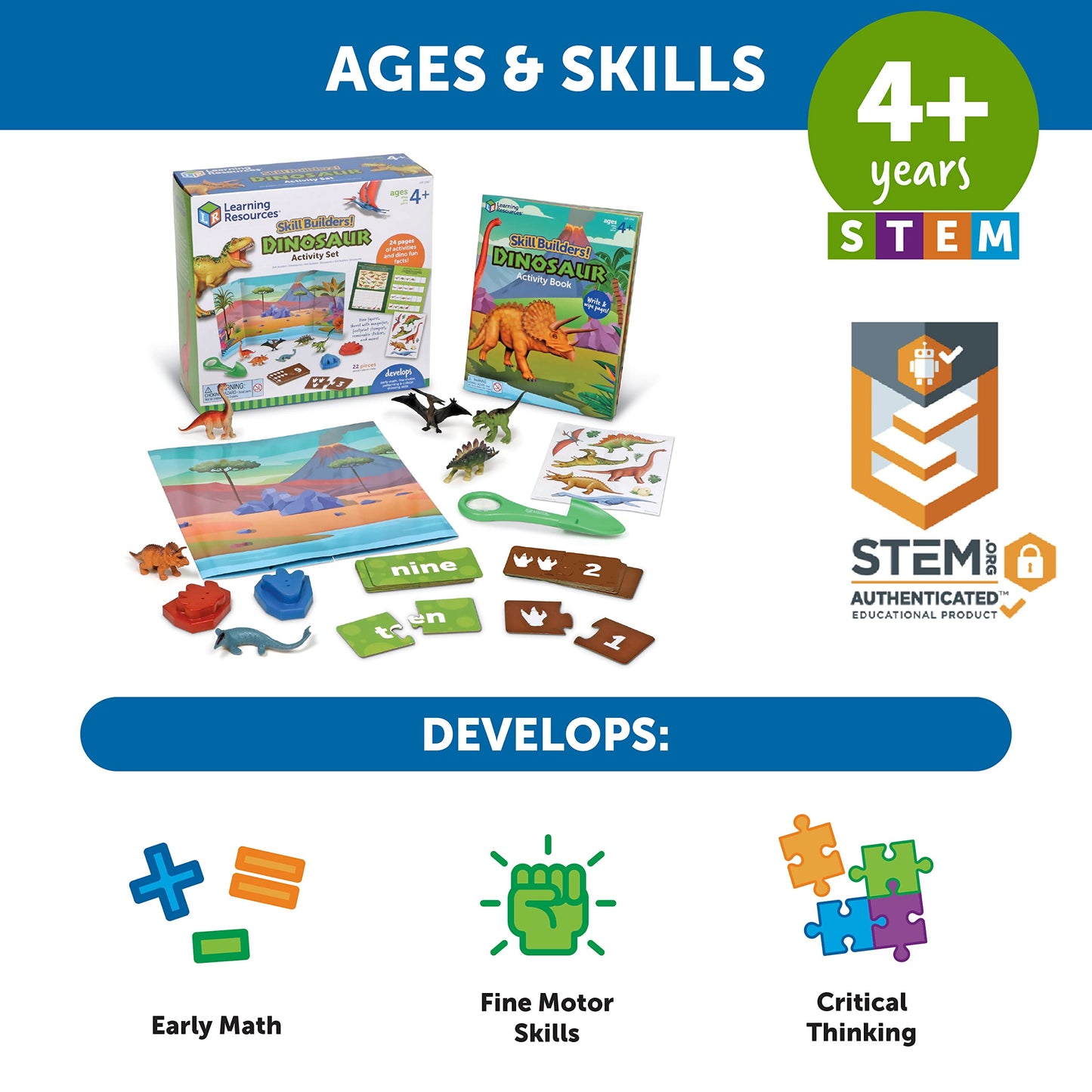 Learning Resources Skill Builders! Dinosaur Activity Set - 22 Pieces, Ages 4+, Critical Thinking, Math Manipulatives, Board Games, Preschool Activity Book, Jurassic toys
