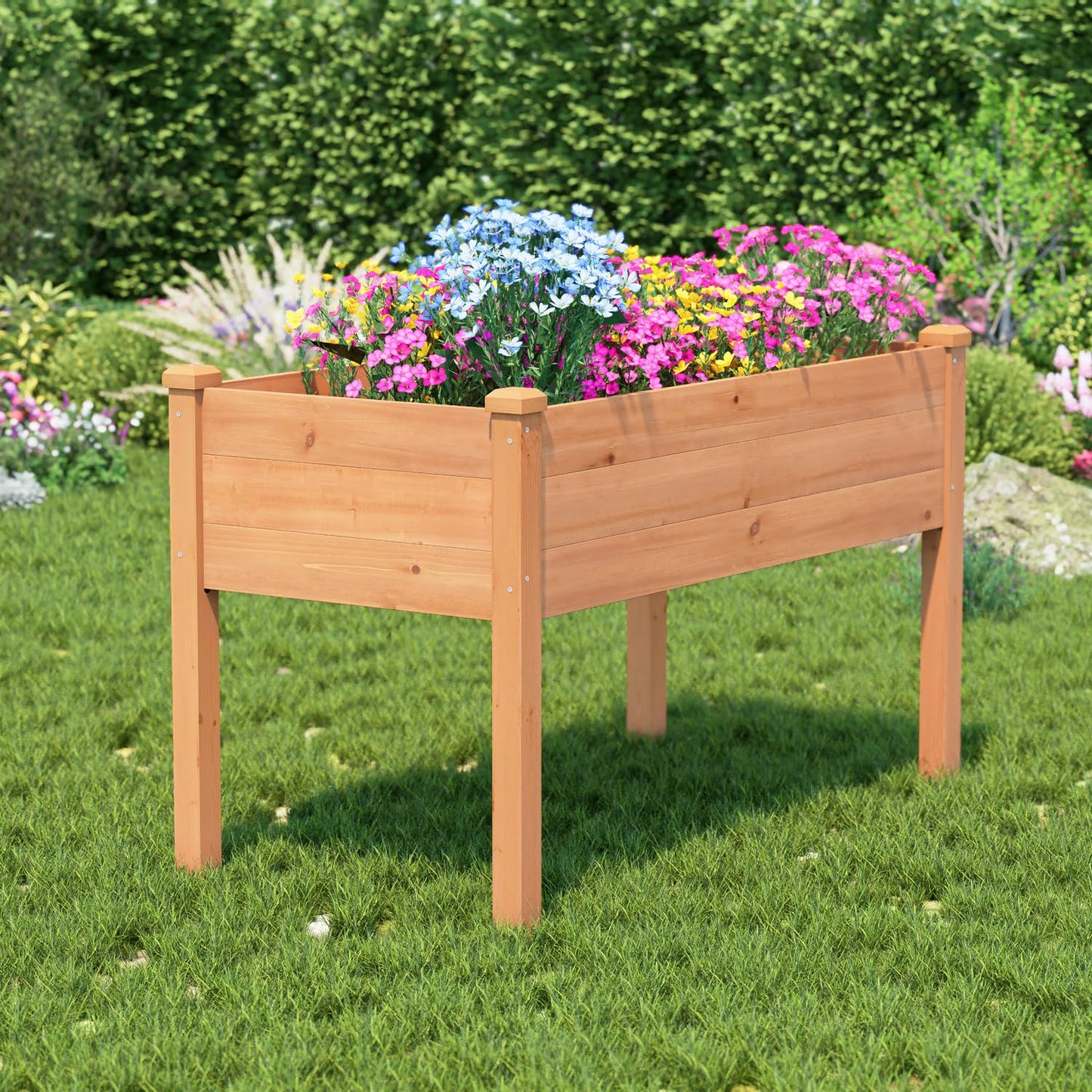 BIRASIL Outdoor Raised Garden Bed, Wood Planter Box for Vegetable Flower, Elevated Reinforced Large Garden Planters Boxes for Backyard Patio Gardening Balcony (48”L, Brown)
