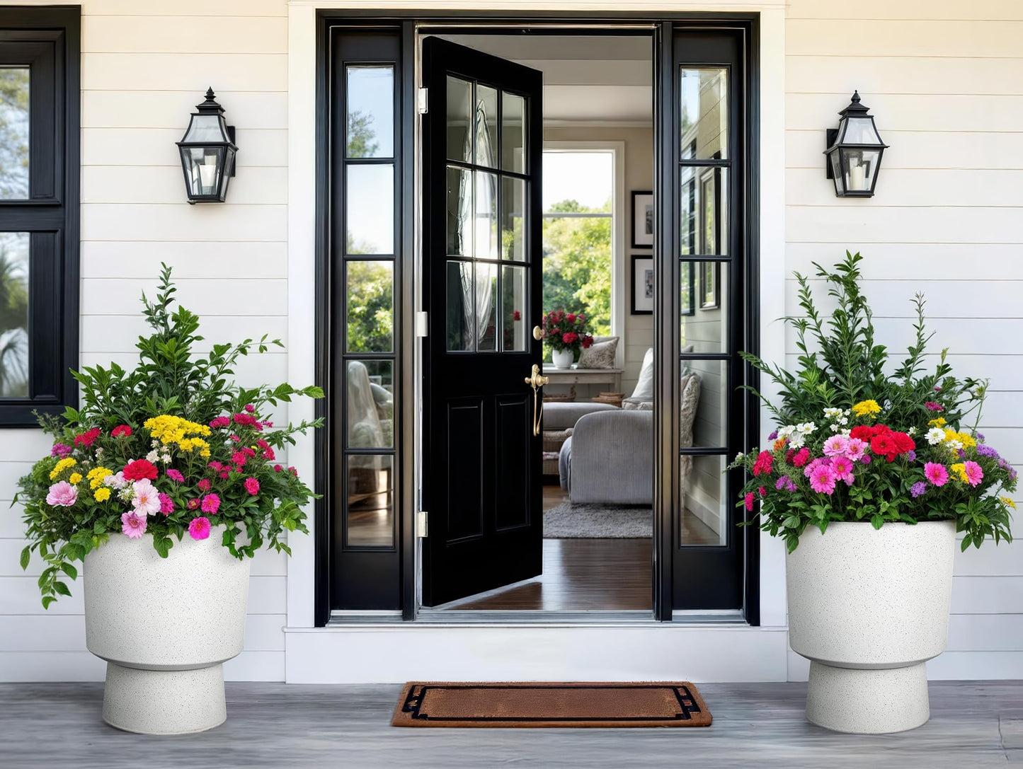 Autodaya 16.75" Tall Pedestal Planters Set of 2, Modern 2-in-1 White Terrazzo Urn-Style Flower Pots, UV-Protected Large Plant Containers for Indoor/Outdoor Garden Patio Balcony Decor