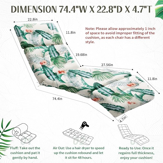 EverPine Outdoor Chaise Lounge Chair Cushion 74.4 x 22.8 x 4.7 Inch, Patio
