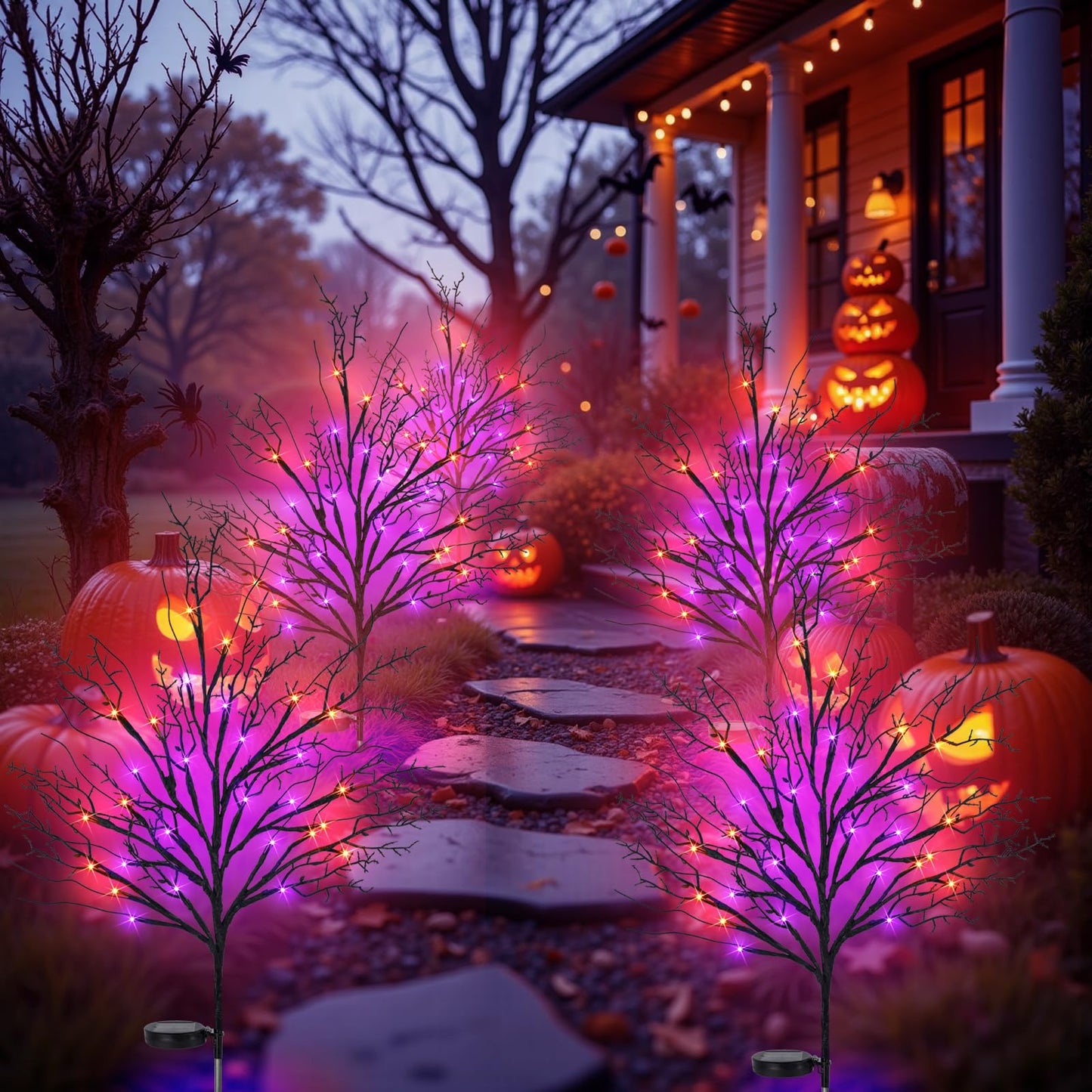 Luiywan Halloween Solar Pathway Lights 2PCS, Halloween Outdoor Decorations, Artificial Tree Waterproof LED Lights for Lawn Yard Garden Driveway Porch Walkway, Auto On/Off