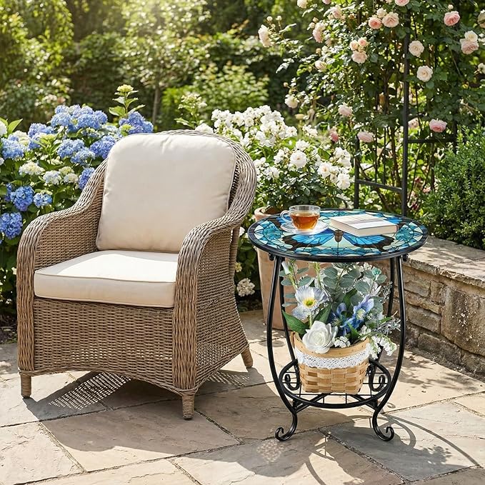 Cinnvoice Outdoor Side Table Round Small Mosaic Patio Accent Indoor End Plant