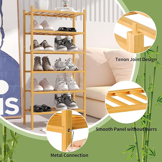 ROMGUAR CRAFT 6-Tier Bamboo Small Shoe Rack, Free Standing Wood Shoe Shelf