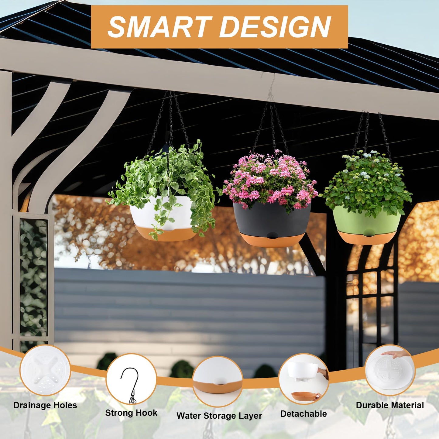 KPUVX 4 Pack Hanging Planter for Plants Indoor,8 Inch Plant Pot Outdoor Plastic Hanging Baskets with Drainage Holes and Chain for Garden Porch Plants(White+Black+Green+Beige)