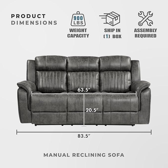 Lexicon 83.5" W Manual Double Reclining Sofa, Polished Microfiber Recliner Sofa