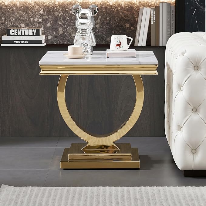 Henf Marble End Table Modern White Faux Marble Sofa Side Table