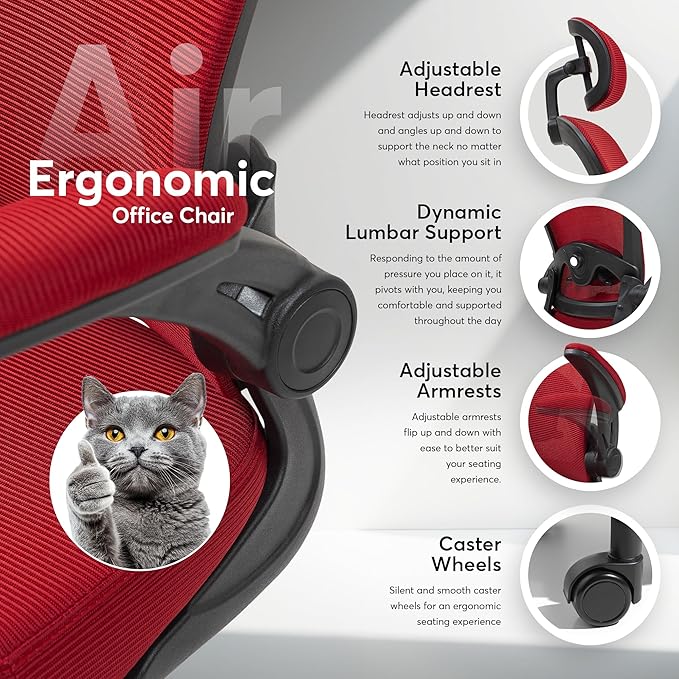 Oline ErgoAir Ergonomic Office Chair – Adjustable Lumbar Support, Flip-Up