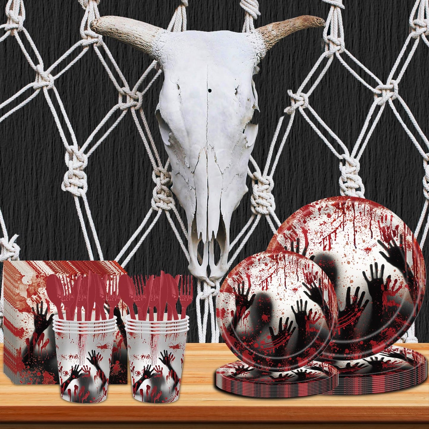 AWLZJZQA 168 Pcs Bloody Halloween Supplies Serve 24 Zombie Horror Halloween Birthday Party Decorations Scream Bloody Good Time Party Plates and Napkins Dinnerware Set Horror Movie Decorations