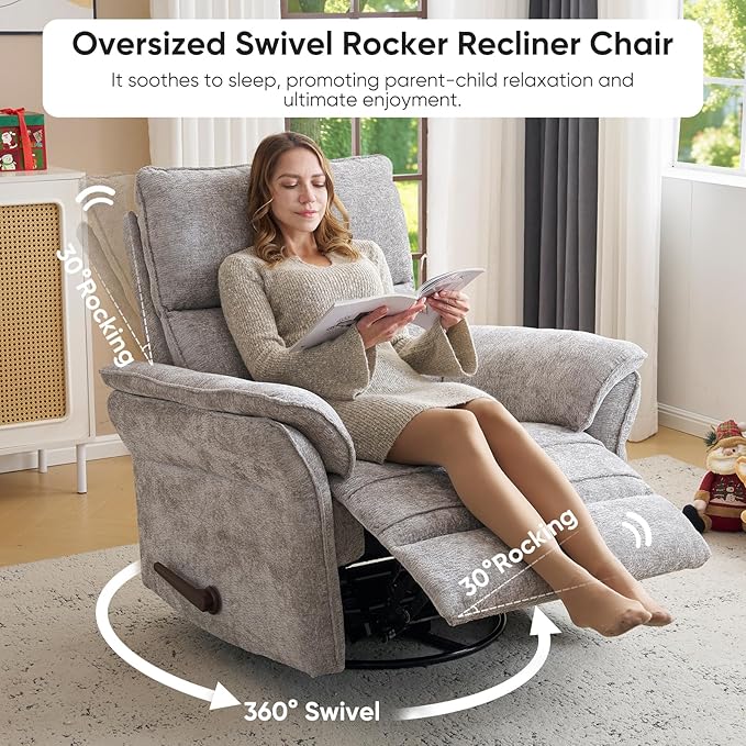 Rocking Chair Nursery with Adjustable Headrest, Manual Swivel Rocker Recliner