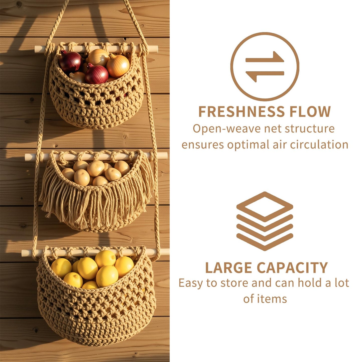 SFSSCDF 3 Tier Hanging Fruit Basket for Kitchen, Macrame Produce Hammock for Potato and Onion Storage, Handwoven Cotton Rope Wall Hanging Vegetable Baskets, Boho Kitchen Decor & Space Saver