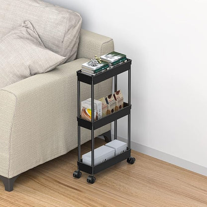 Sooyee 3-Tier Rolling Cart with Wheels, Slim Narrow Storage Cabinet, Under Desk Storage Organizer for Office, Bathroom, Kitchen, Laundry Room, Narrow Places, Black