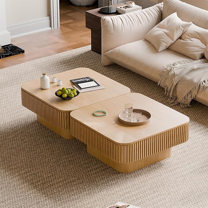 Square Coffee Table for Living Room, Fluted Drum Accent Tea Center Table