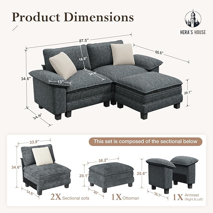 HERA'S HOUSE 88" Modular Sectional Sofa, L Shaped Couches