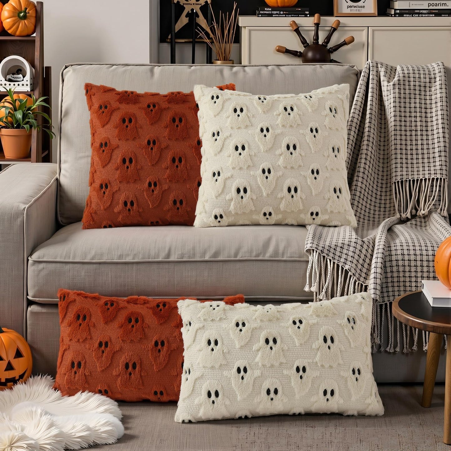 decorUhome Fall Halloween Ghost Pillow Covers 18x18 Inch Pack of 2 Soft Plush Faux Wool Textured Throw Pillow Covers Cute 3D Ghost Decorative Cushion Cases for Couch Sofa Bedroom Home Decor, Beige