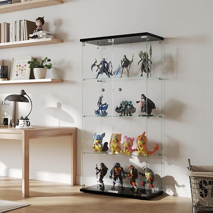Display Cabinet with Glass Door and Lock, 4-Shelf Curio Cabinets with 5mm
