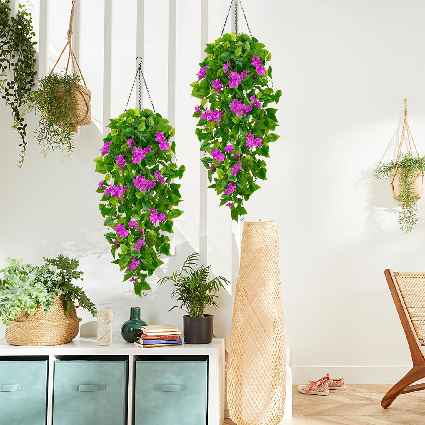 BLEUM CADE Artificial Hanging Flowers for Outdoors, 2pcs Fake Hanging Plants Pothos Vines with Purple Flowers for Wall Home Living Room Indoor Outdoor Decor (No Baskets)