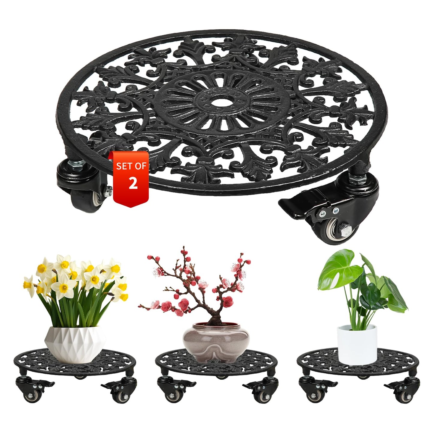 GARGENTOL Rolling Plant Stand with Wheels, 2 Pack Heavy Duty Metal Plant Caddy 11 Inch Wrought Iron Plant Dolly Outdoor Round Plant Rollers Stand for Large Potted Plants and Flower Pot, Black
