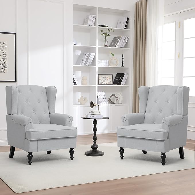 Accent Chair Set of 2, Mid Century Modern Fabric Wingback Chair, Upholstered