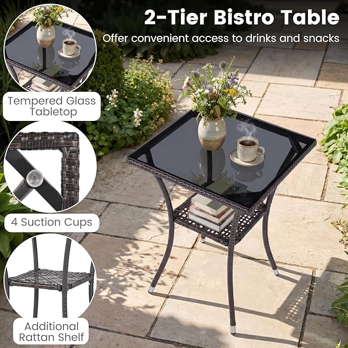 Tangkula 3 Pieces Patio Wicker Bistro Set, 2 Rattan Chairs w/ 2-Tier Tempered