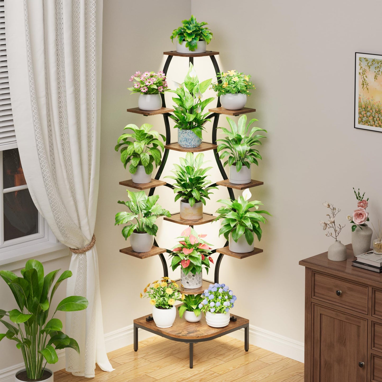 LATIBELL 72'' Tall Corner Plant Stand Indoor with Grow Light - 11 Tiered Metal Plant Shelf for Indoor Plants, Curved Display Rack Capable of Holding Large Pots in Living Room, Patio & Balcony, Black