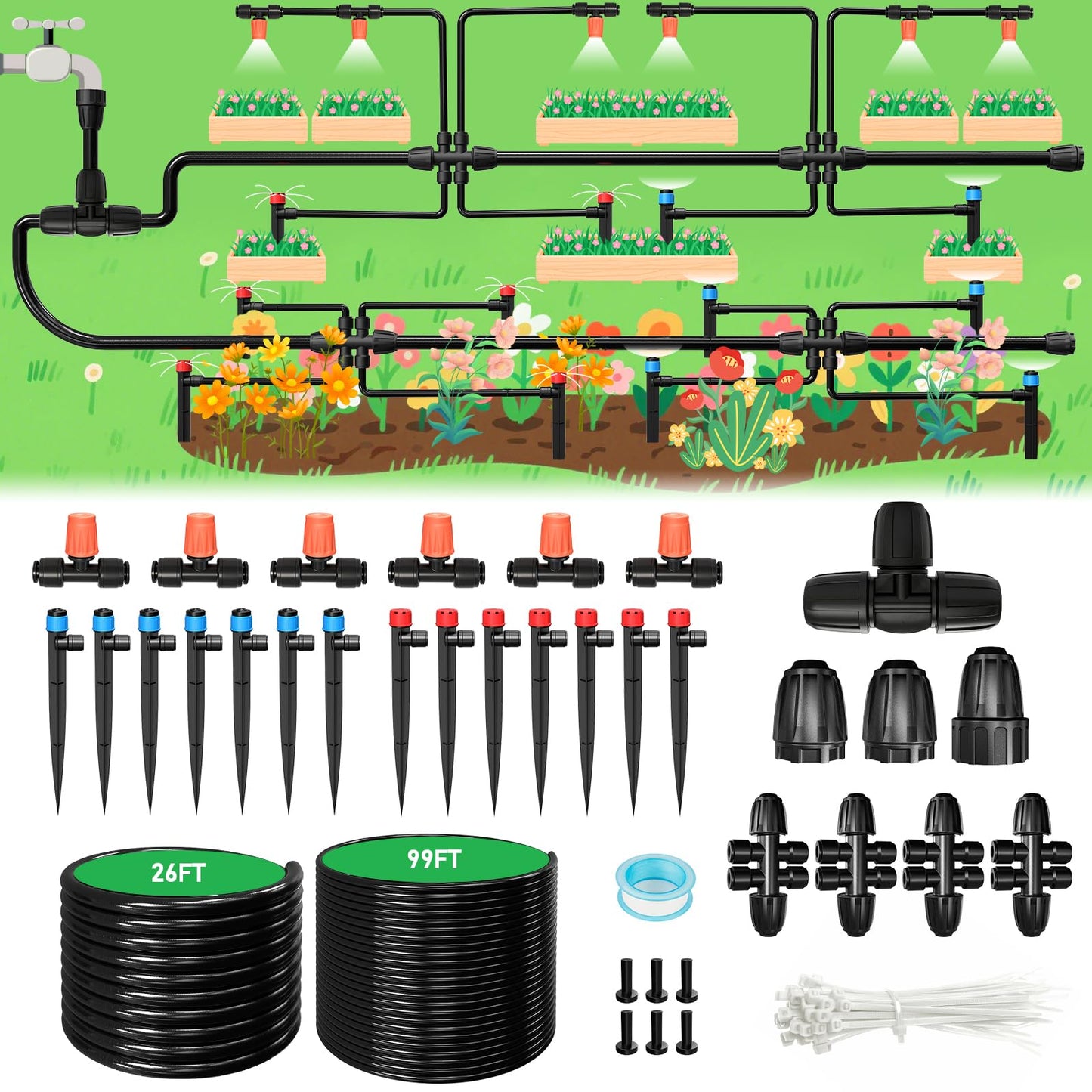 125FT Drip Irrigation System, Automatic Drip Irrigation Kit with 5/16" Main Tube & 1/4" Branch Tubing, Adjustable Drip Emitters, Garden Watering System for Flower Bed, Raised Beds, Lawn, Greenhouses