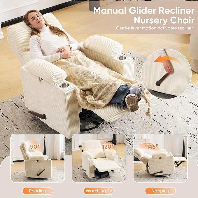Swivel Rocker Recliner with Adjustable Armrests, Rocking Nursery Chair with