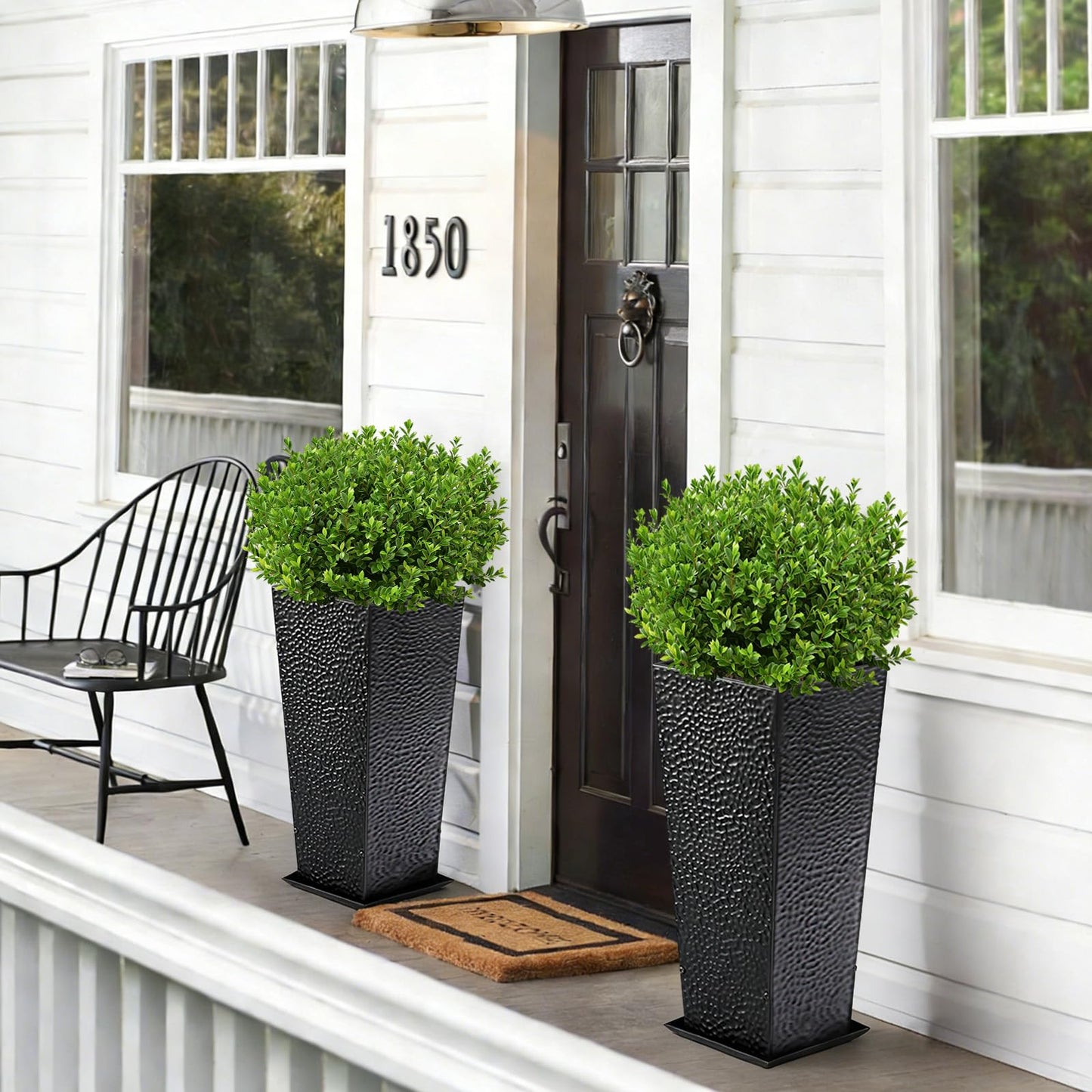 BAYN 2-Pack 24" Tall Metal Planter – Hand-Hammered Textured Large Black Flower Pots Box with Saucer for Outdoor&Indoor, Garden, Porch, Patio, Yard with Pre-Drilled Drainage Holes