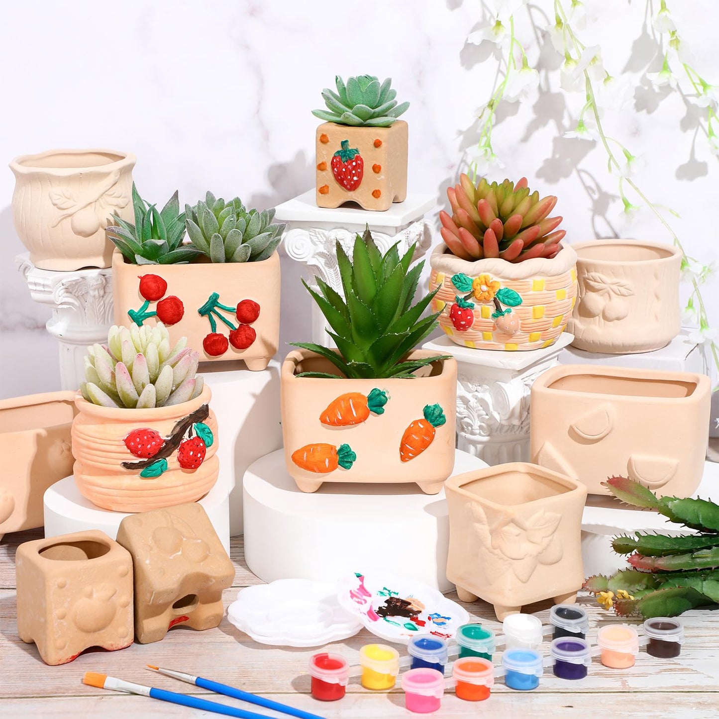 Hushee 12 Sets Ceramic Succulent Planters Paintable Succulent Plant Pots Small DIY Figurines Unpainted Pots with Drainage Hole Color Paints Paintbrushes Palettes(Fruit)