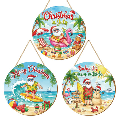 Shejdgart Summer Christmas Door Decorations - 3 Pcs Christmas in July Front Door Sign Xmas Santa Beach Snowman Hawaiian Wooden Hanger Door Sign for Farmhouse Home Wall Living Room Party Supplies