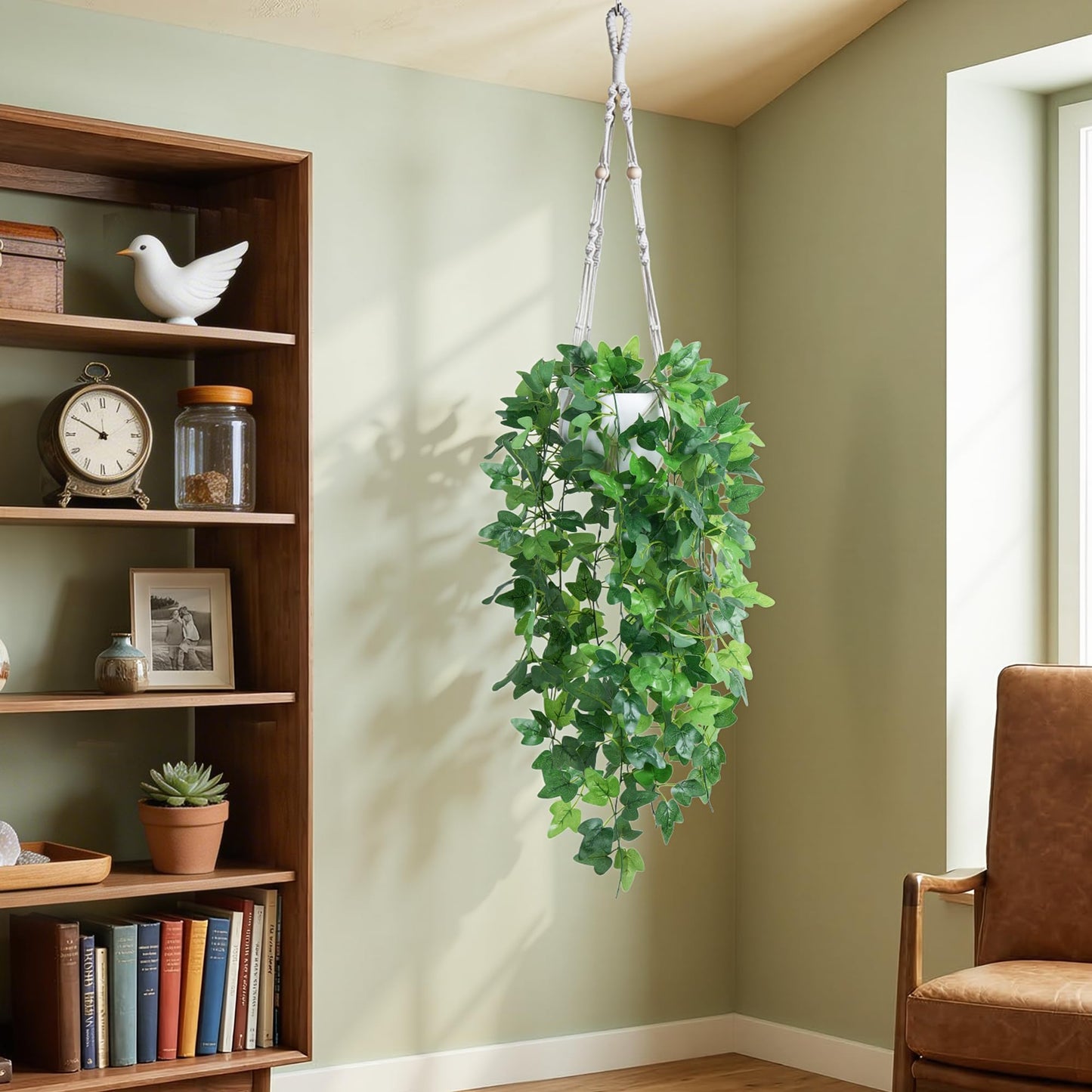 DREAMLOOM 2 Packs Fake Hanging Plants with Pots, Artificial Ivy Hanging Plants with Macrame Hanger for Indoor Decor, Fake Hanging Vines Faux Greenery for Home Kitchen Office