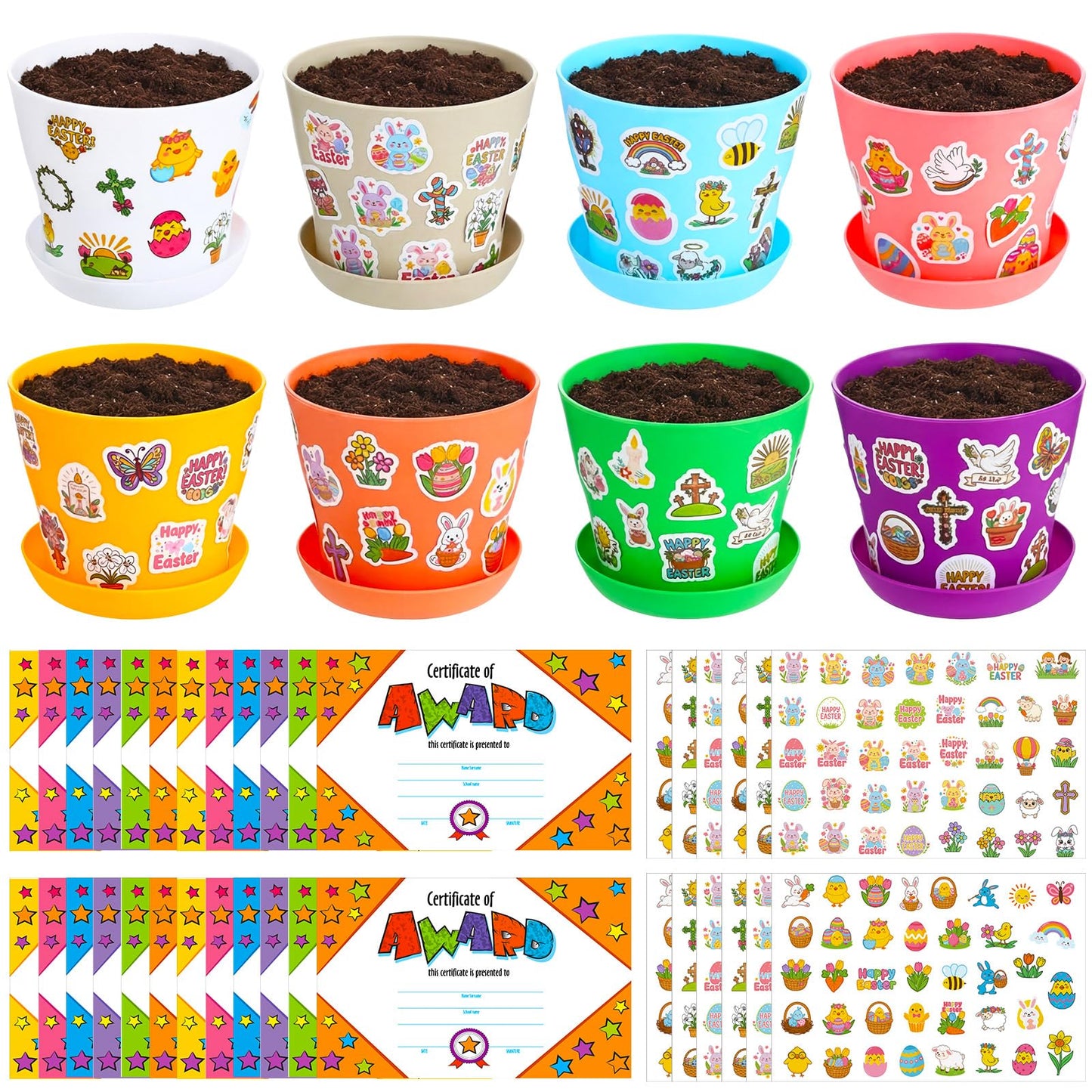 Domensi 30 Pack Garden Pot Craft Kit 4 Inch DIY Religious Crafts for Kids Bulk Small Plastic Spring Flower Plant Pot Plastic Planter with Tray Drainage Holes with Tag, Certificate of Award, Sticker