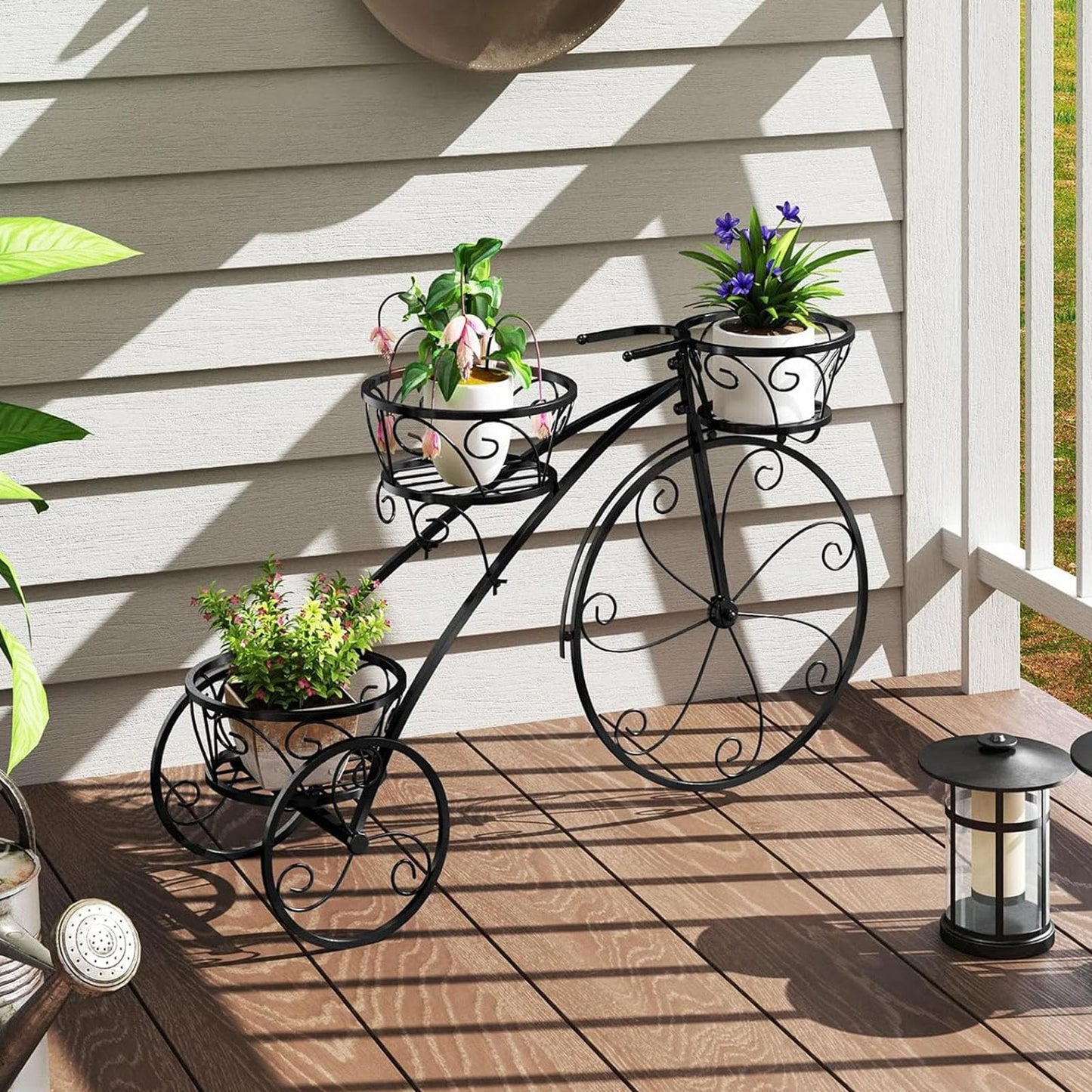Planter Potted Holder Tricycle Plant Stand, Parisian Style Flower Display Stand Cart,3-Tier Metal Plant Stand Bicycle Flower Pot Cart with Hollowed Baskets for Patio,Garden,Deck,Lawn(Black)