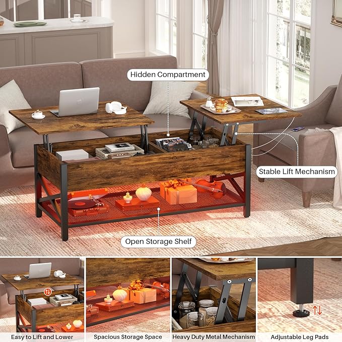 Aheaplus Coffee Table with LED Light and Power Outlet, Modern Lift-Top Center