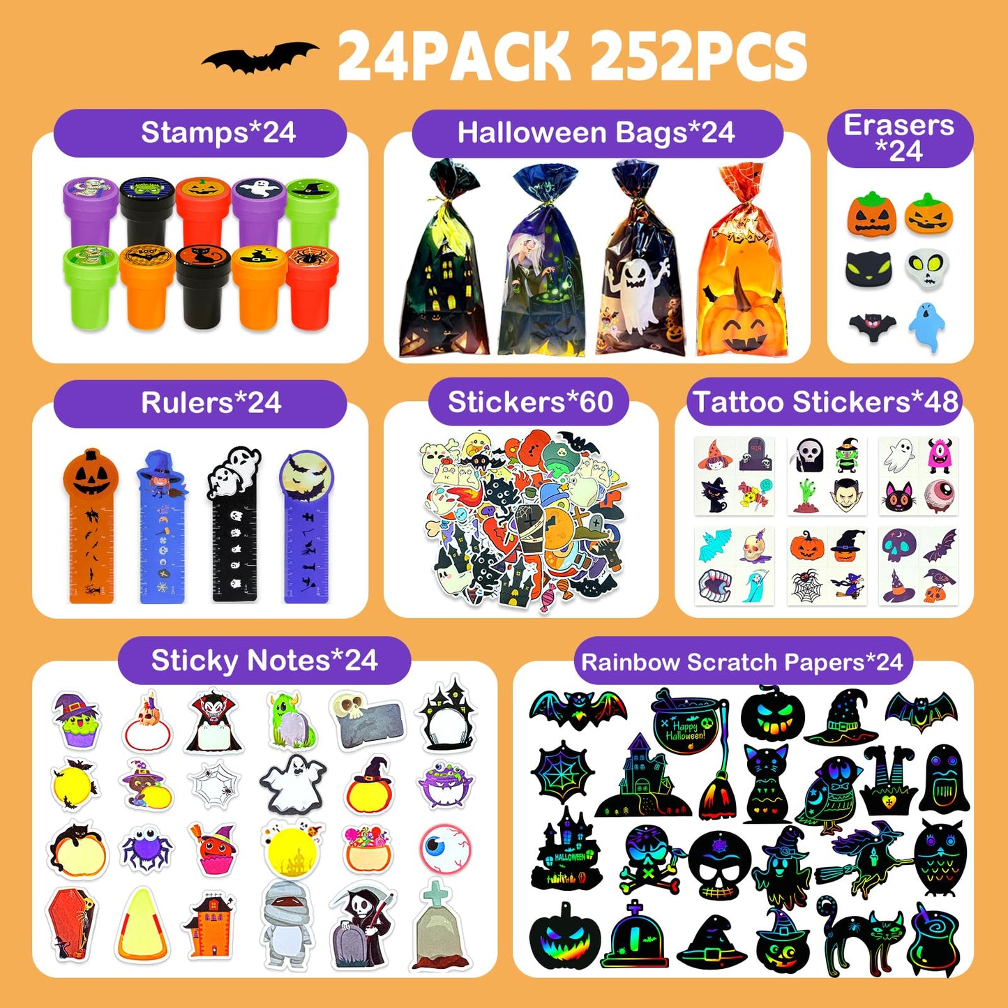 WESAYEE 24 PACK 252PCS Halloween Party Favors for Kids Stationery Set, Goodie Bag Stuffers Classroom Prizes, Halloween School Party Favors for Trick or Treat Bags, Halloween Gifts for Kids Bulk