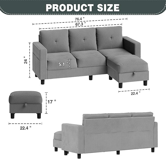 SUNLEI Convertible Sectional Sofa