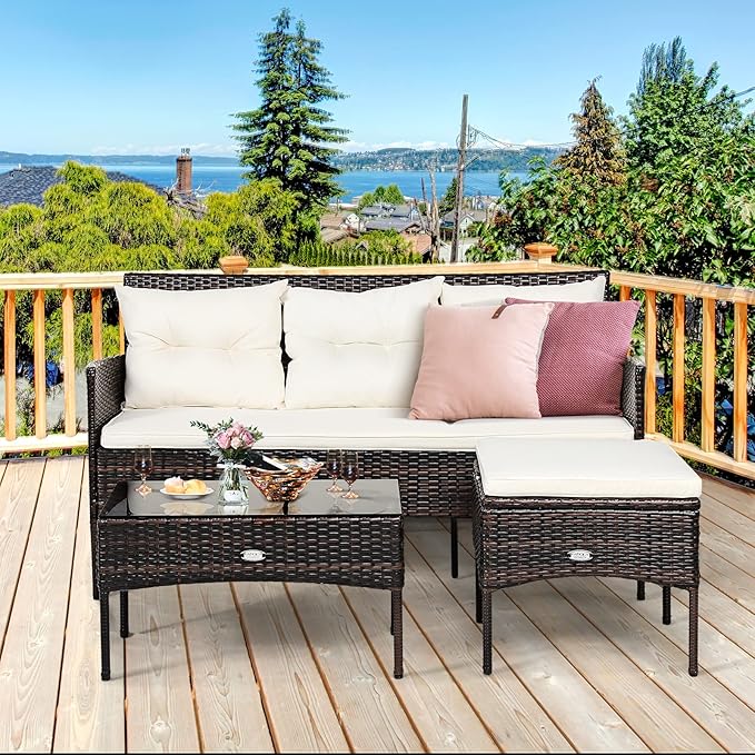 Tangkula 3 Pieces Patio Conversation Set, Outdoor PE Rattan Wicker Furniture
