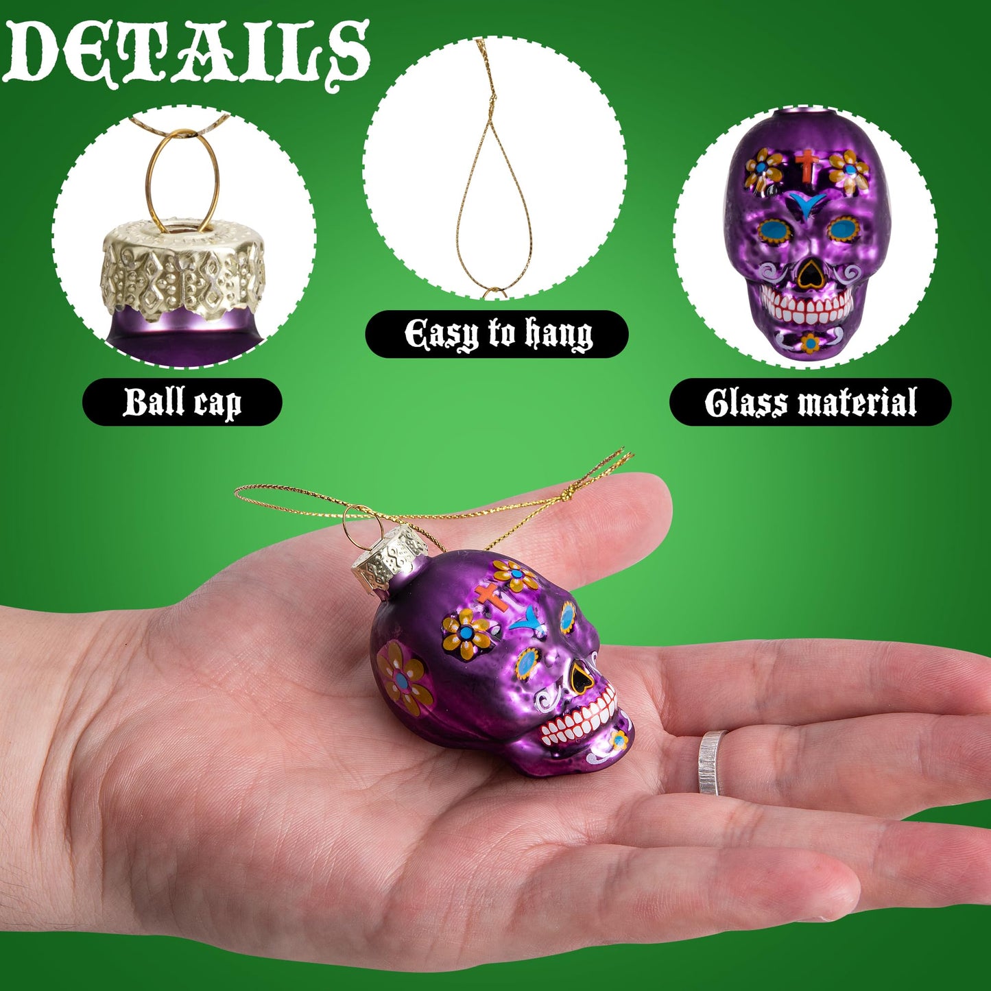 12 Pcs Day of The Dead Glass Ornaments- Dia De Los Muertos Sugar Skull Decorations- Halloween Hanging Skeleton Head Ornaments for Parties Xmas Tree Decoration