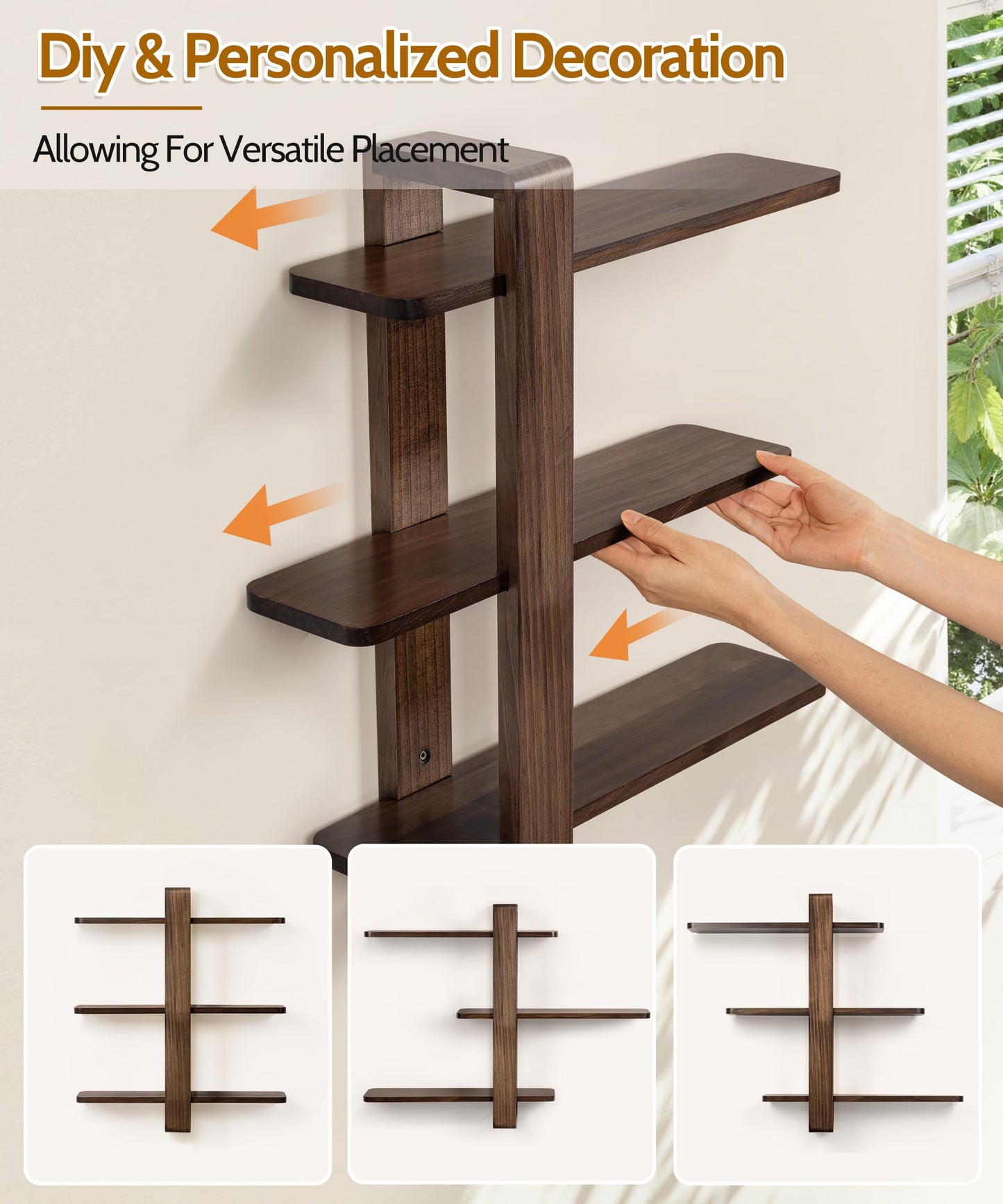 SUMGAR Floating Shelves for Wall Walnut Mounted Shelf Unit for Living Room Bedroom Bathroom Mid Century Modern Decorative Storage Plant Photo Display Home Decor 3 Tier Large 20in All Pine