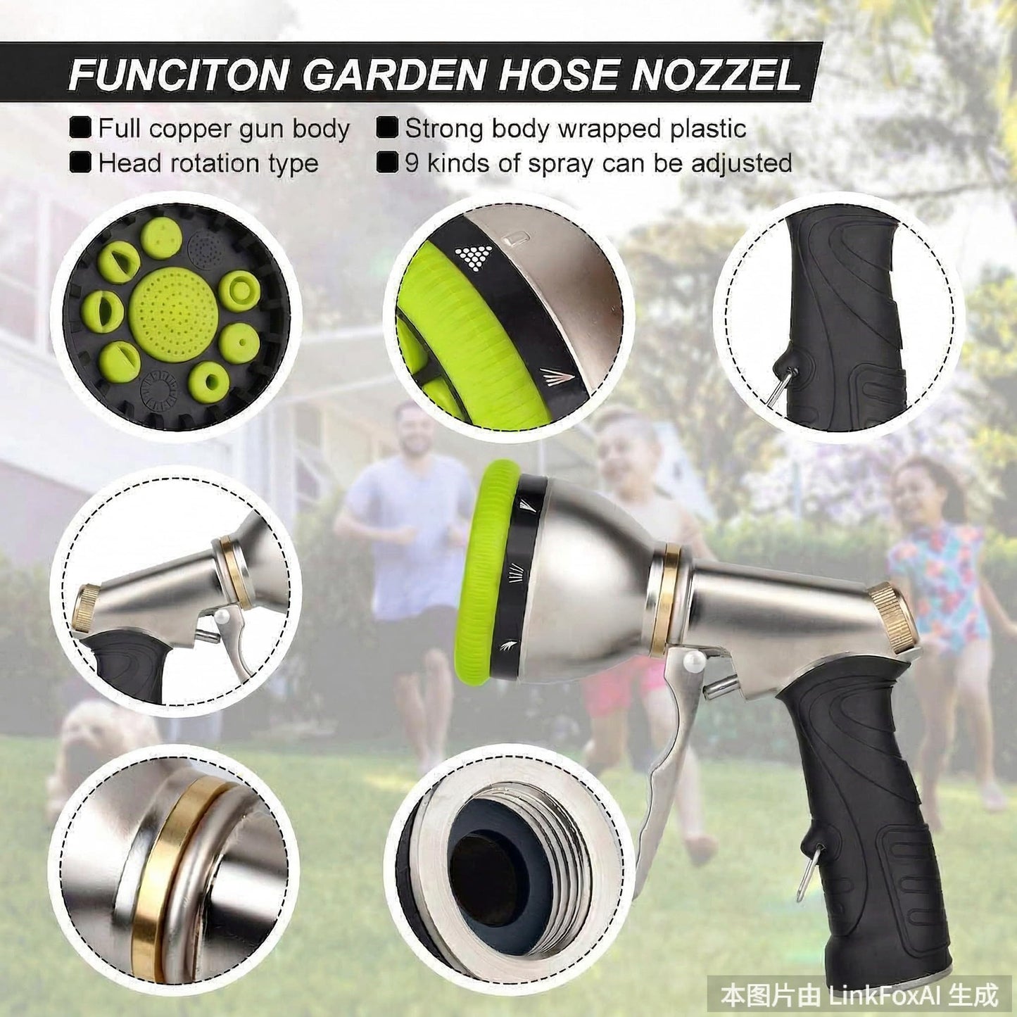Garden Hose Nozzles 9 Adjustable Patterns Hose Spray Nozzle Heavy Duty Metal Hose Nozzle Spray Slip Resistant Water Sprayer for Cleaning/Watering Lawn Garden/Pets Shower/Car Washing (Green)