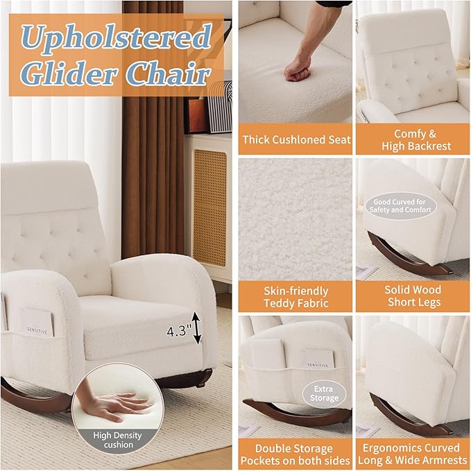 VINGLI Teddy Fleece Low Seat Rocking Chair, Boucle Upholstered Nursery Glider