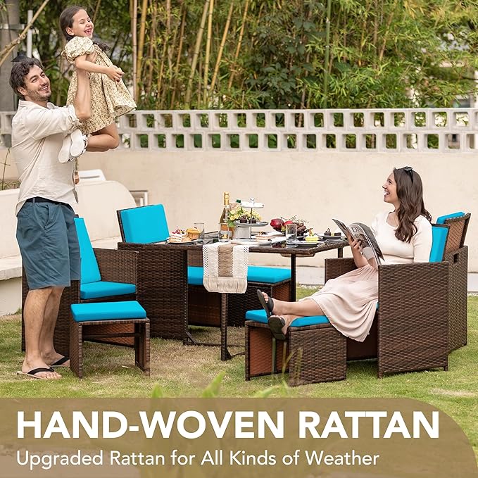 Devoko 9 Pieces Patio Dining Sets Outdoor Space Saving Rattan Chairs