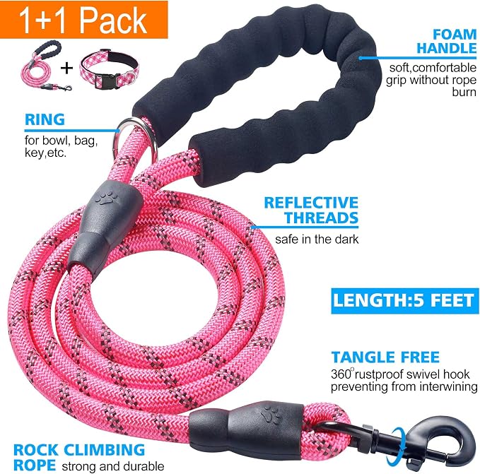 Ladoogo Reflective Dog Collar Padded with Soft Neoprene Breathable Adjustable Nylon Dog Collars for Small Medium Large Dogs (Large (Pack of 1), Pink Plaid Collar+Leash)