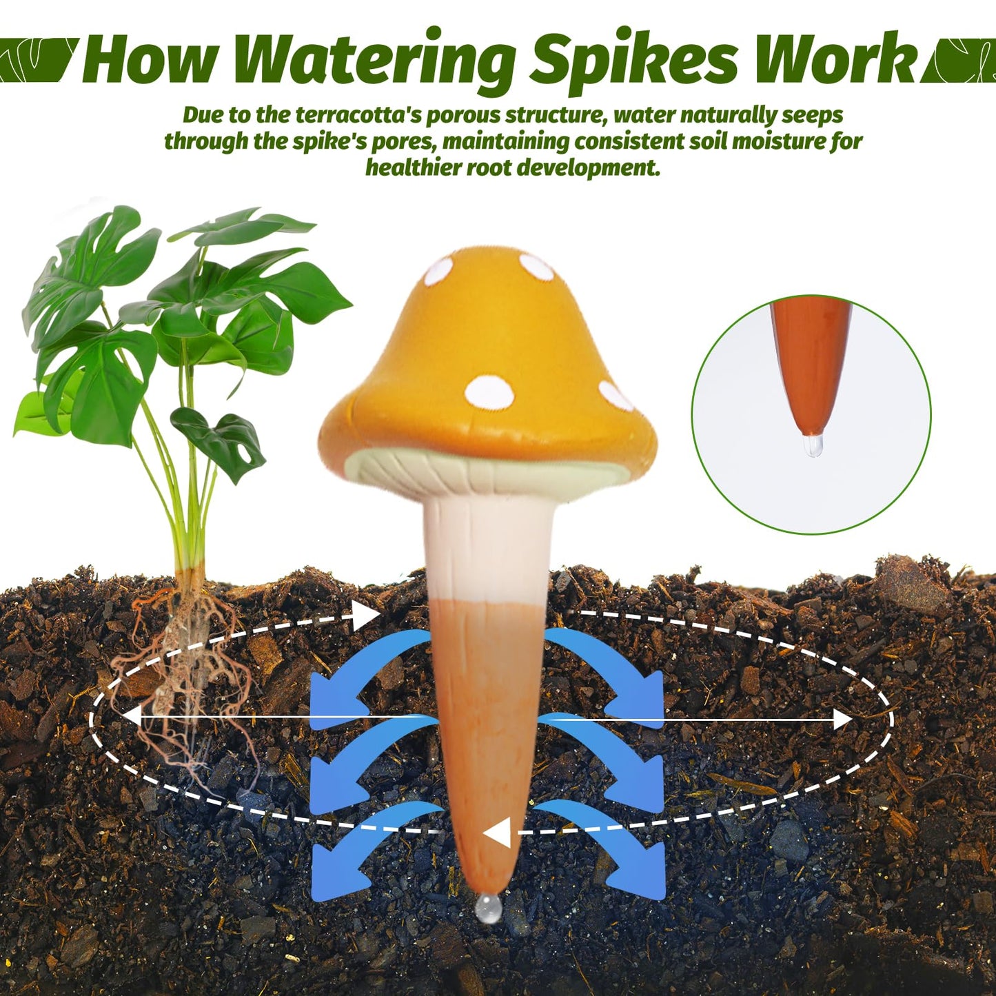SUNGARDERY Terracotta Self Watering Spikes, 4 Pack Mushroom Self Watering Planter Insert, Vacation Plant Slow Release Watering Devices for Indoor Outdoor Plants, Colorful Large Water Globes