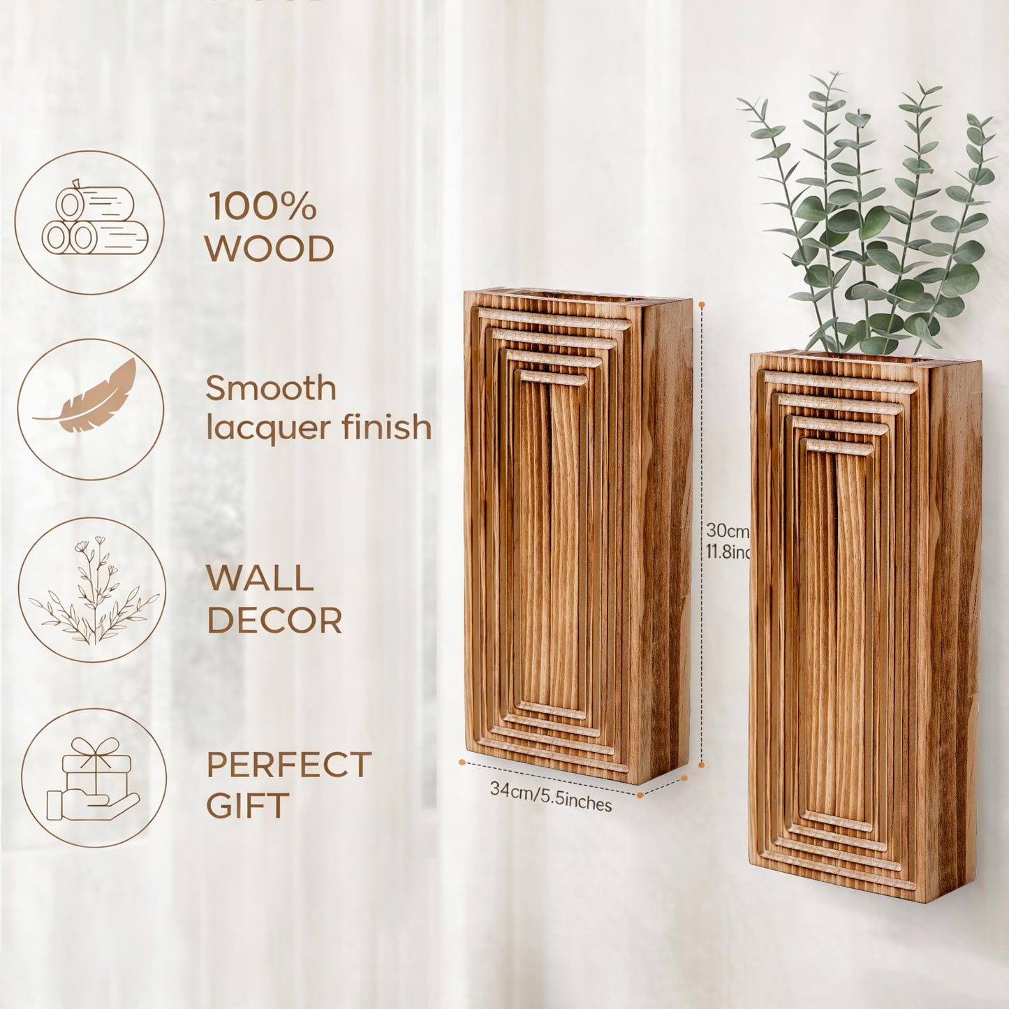 FancyPlus Wooden Wall Planter Vase,2 Pack Hanging Planter for Indoor Fake Plants Modern Boho Farmhouse Wall Art Decor for Home Indoor Kitchen Modern Farmhouse Bathroom Living Room Dining Room(Brown)