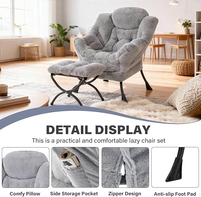 Lazy Chair with Ottoman, Modern Accent Lounge Leisure Sofa with Armrests