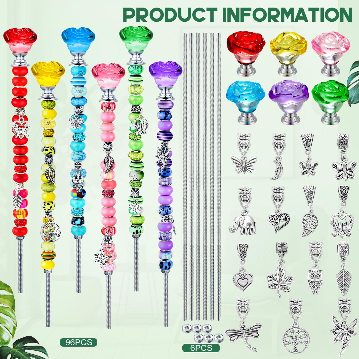 Lineshading 6 Sets Beaded Garden Stakes Kit, Rose Garden Stakes Accessories with Beads, Crystal Rose Stopper Top, (Classic Color)